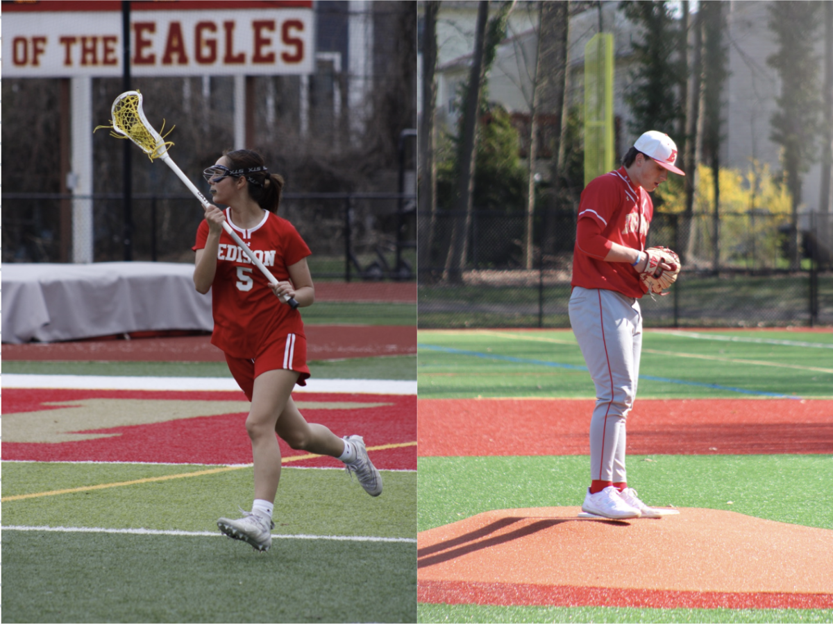 Jaeda Leon '25 runs across the lacrosse field, hoping to score another point for Edison High (left). Standing on the mound, Robert Roma '26 sets up for a pitch (right).